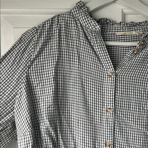 WoolOvers White/Black Grid Check Button Down Long Sleeve Ruffle Neck Cafe Blouse